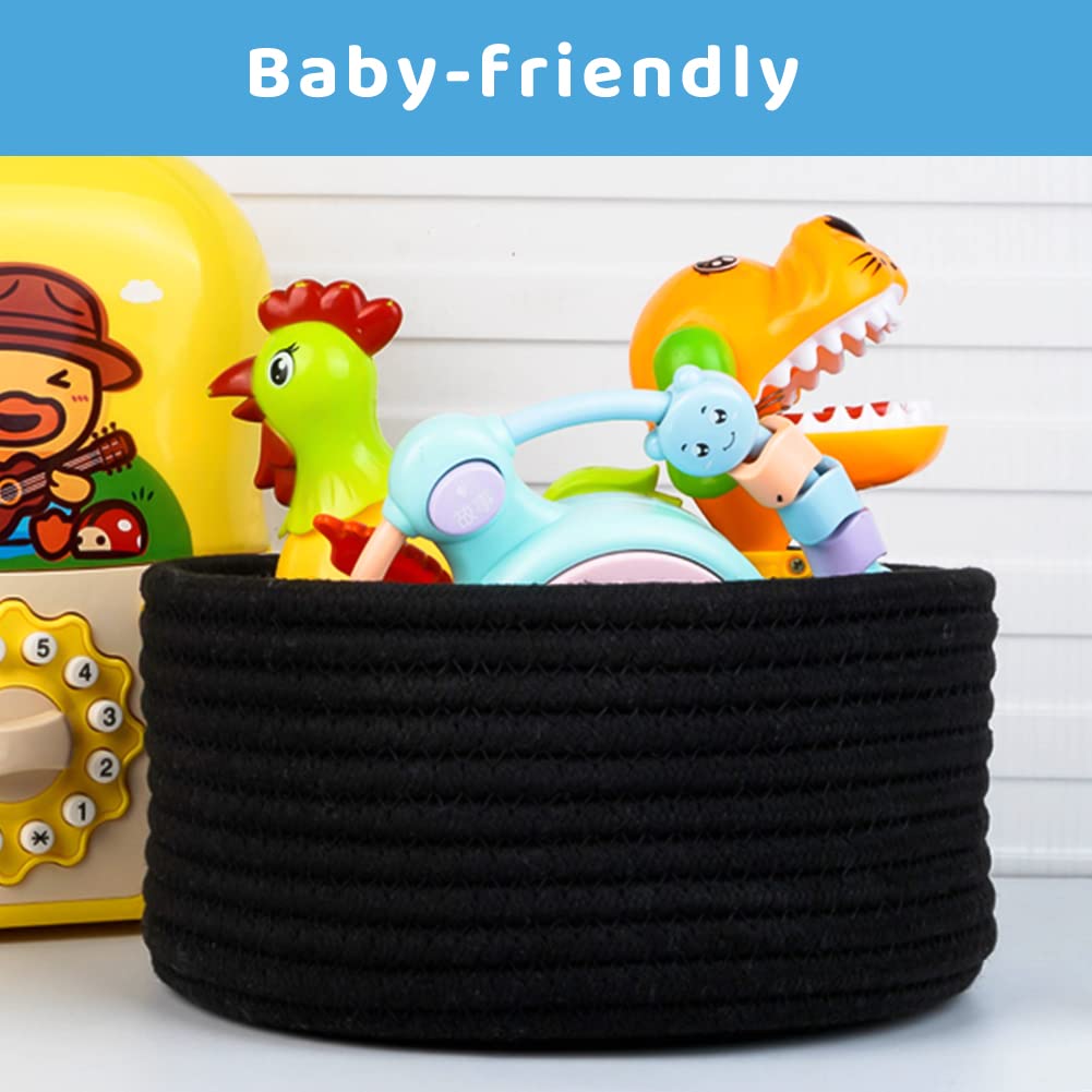 Hispqser 2Pack Black Woven Baskets, Natural Small Cotton Rope Storage Cute Round Decorative For Toys Decorative Hamper For Nurse