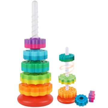 JUXUE Baby Spinning Stacking Toys for Toddlers 1-3, Rainbow Ring Stacker Montessori Toys for Babies 6-12 Months, 1 2 3 One Year 