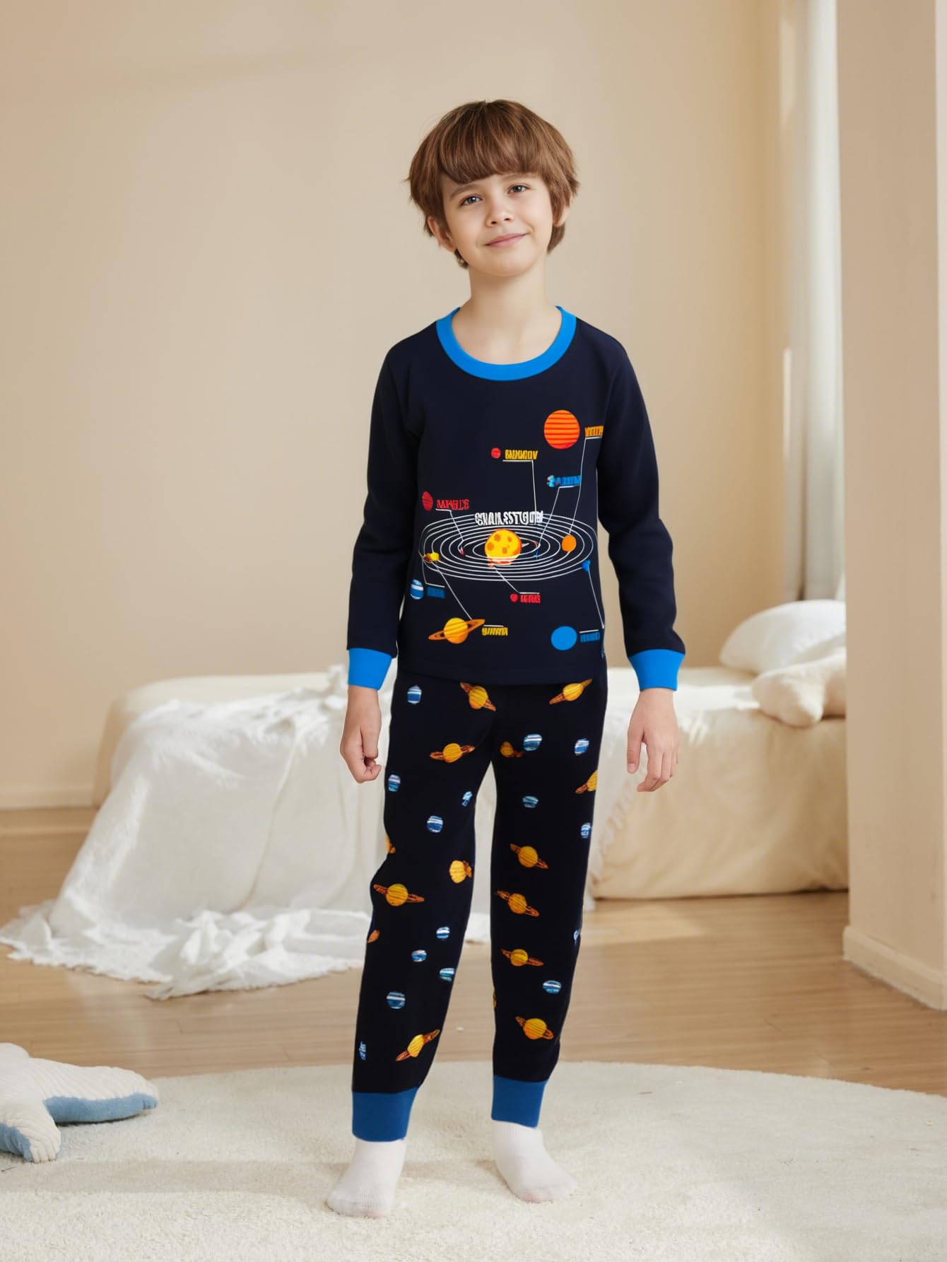 Little Boys Space Pajamas Sets For Toddler 100% Cotton Dinosaur Train Rocket Glow In Dark Sleepwear Long Sleeve 2 Piece Kids Clo