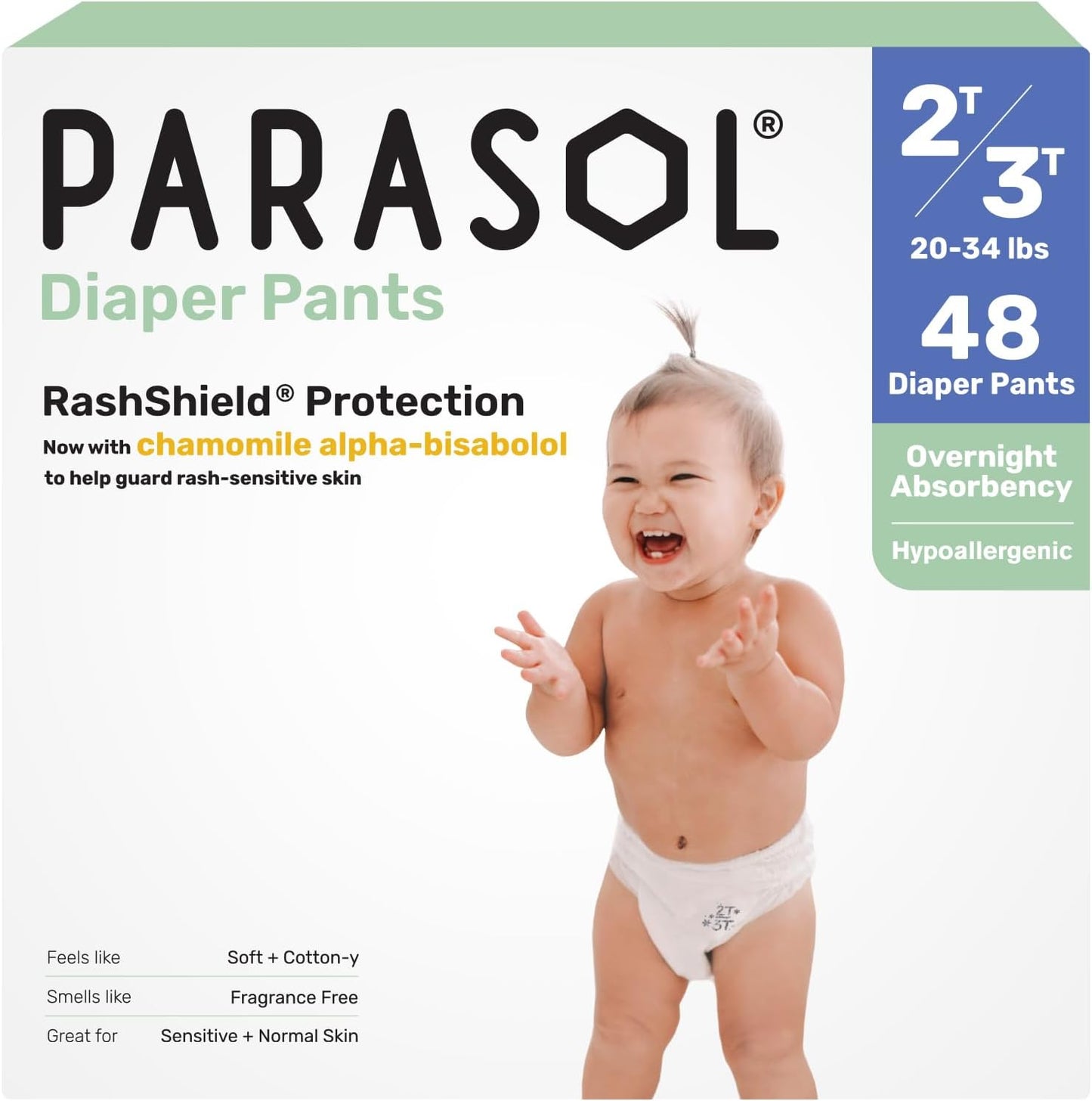 Parasol Clear+Dry Natural Disposable Diaper Pants, Size 4 (2T-3T), 48 Count | RashShield Protection and Active 360 Comfort Wrap, Hypoallergenic Training Diapers