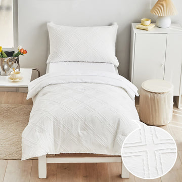 4 Pieces Tufted Toddler Bedding Set Solid White Jacquard Tufts, Soft And Embroidery Shabby Chic Boho Bohemian Design For Baby Bo
