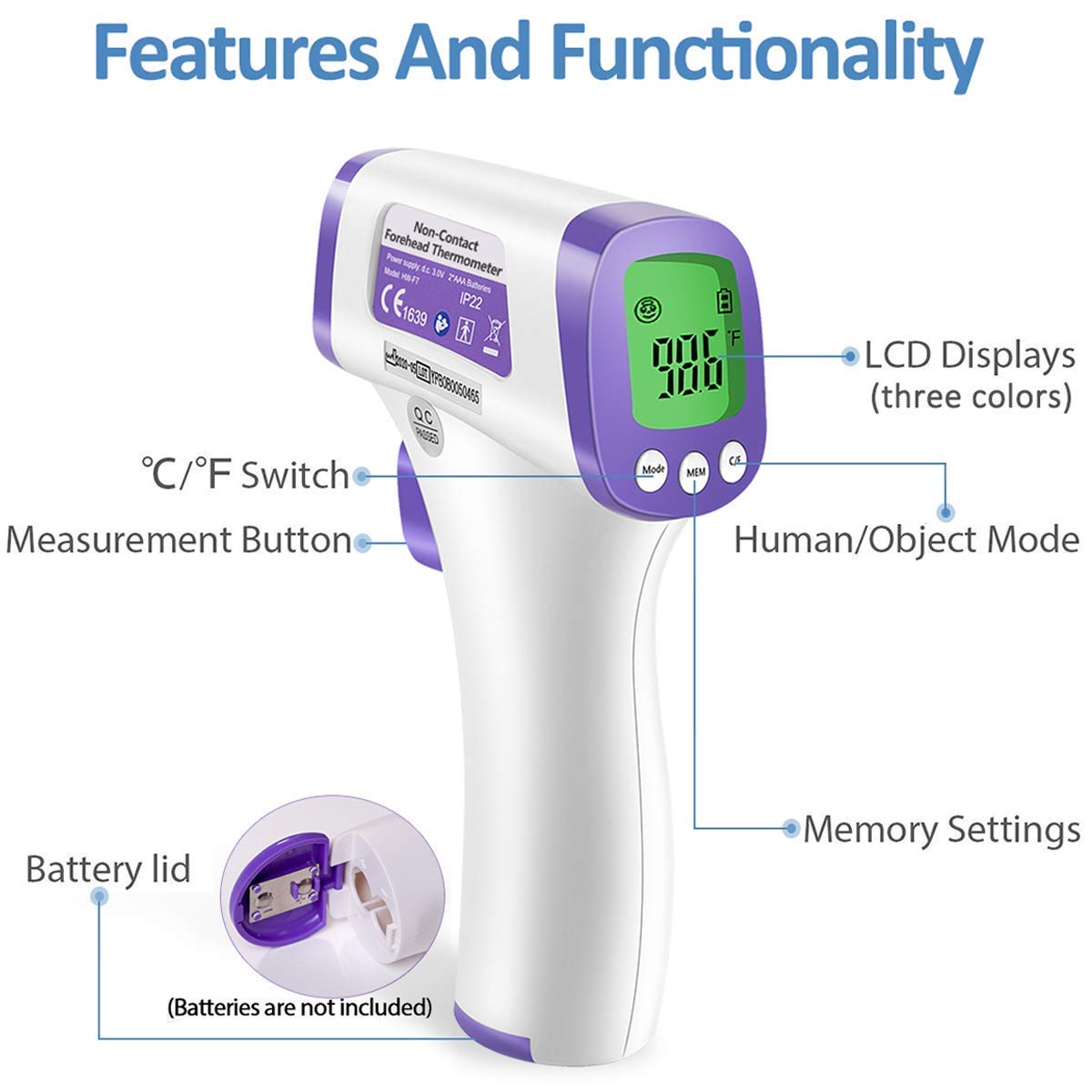 Ezthings Heavy Duty Thermometer Infrared Forehead High Caliber Sensor No Contact With Lcd Display For Medical Offices, Hospitals