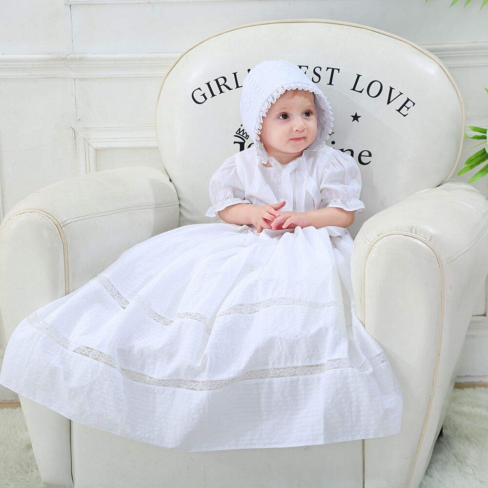 Niubao Baby Girls Baptism Delicate Cotton Dress Gown With Bonnet For 0-15 Months (6-9M, White)