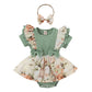 Hopscotch Baby Girls Cotton And Polyester Floral Print Ruffled Bodysuit With Headband In Green Color For Ages (36 Months)