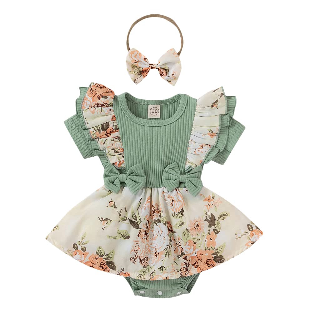 Hopscotch Baby Girls Cotton And Polyester Floral Print Ruffled Bodysuit With Headband In Green Color For Ages (36 Months)