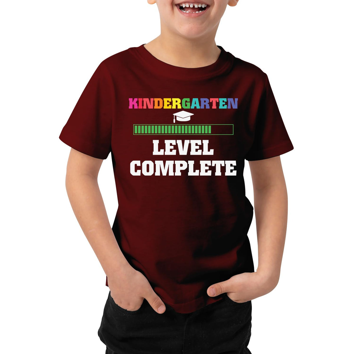 Caseria KidS Cotton Graphic Printed Half Sleeve TShirt  Level Complete Kinder Garten (Maroon, 24 Years)