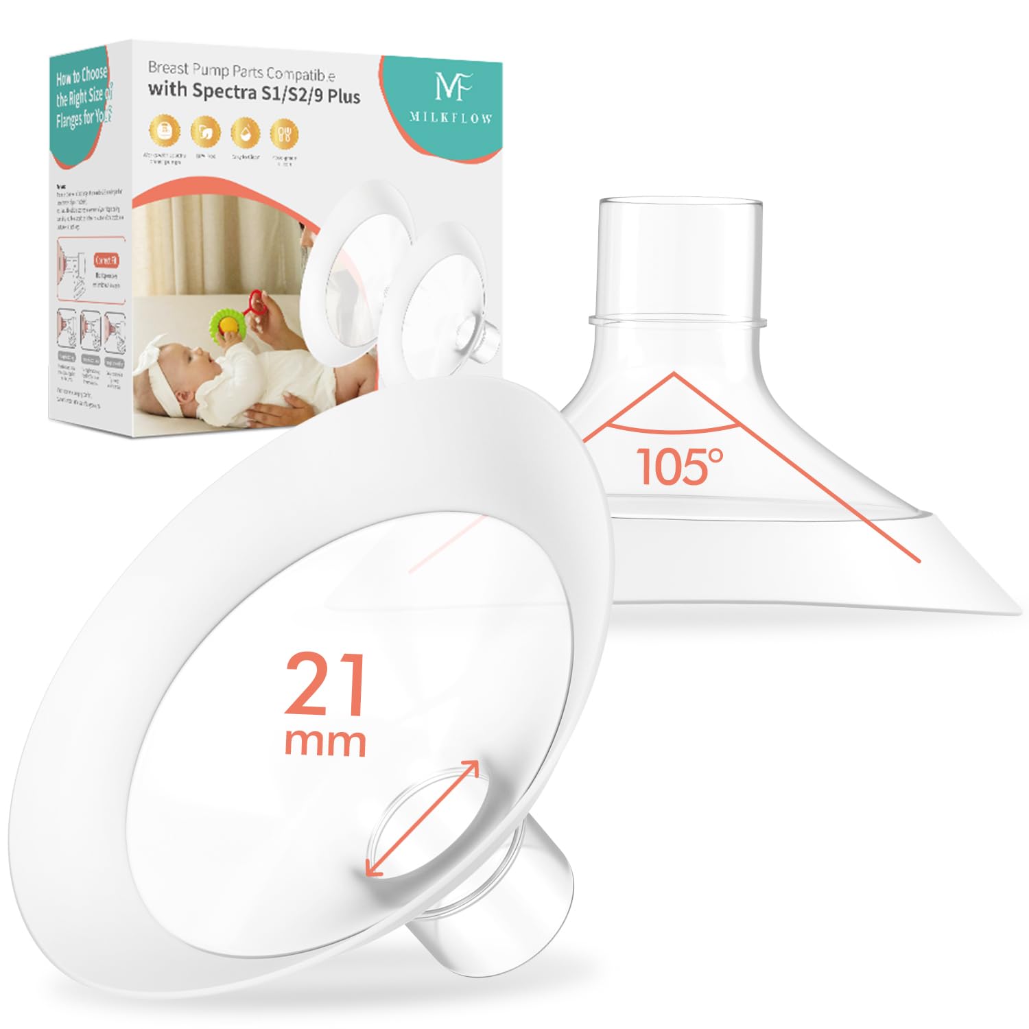 Breast Flanges 21mm 2-Pack for Medela Pump in Style, Symphony, Freestyle, Sonata, Maxflow and Lansinoh Signature Pro Breast Pump