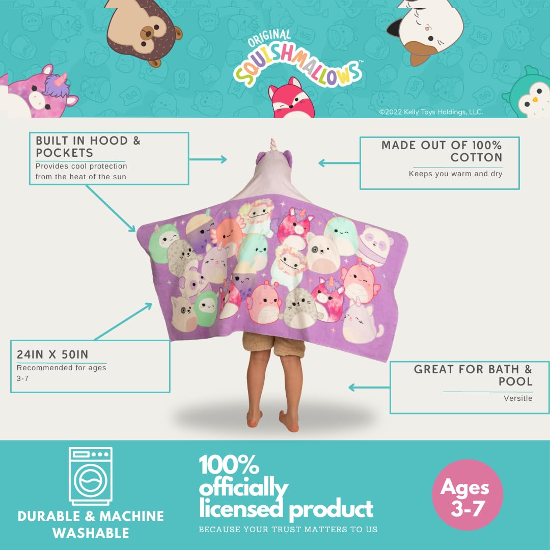Franco Squishmallows Kids Super Soft Bath/Pool/Beach Soft Cotton Terry Hooded Towel Wrap, 24 In X 50 In, (Officially Licensed Pr