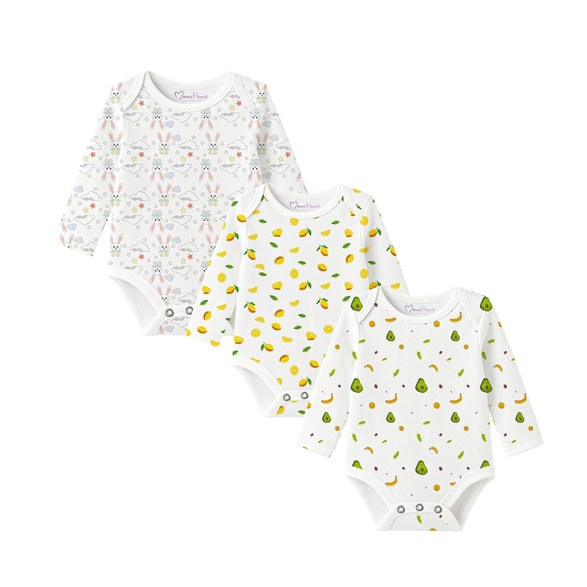 MomS Home BabyS Organic Cotton Soft Full Sleeve Onesie | Multicolour | Pack Of 3 (Lemon,Avocado,Bunny, 03 Months)