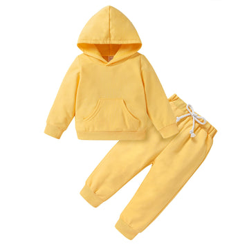 Happy Town Toddler Fall Outfits For Girl Boy Long Sleeve Hoodie Top And Long Sweatpants Set Toddler Sweatsuit (Solid Color-Yello