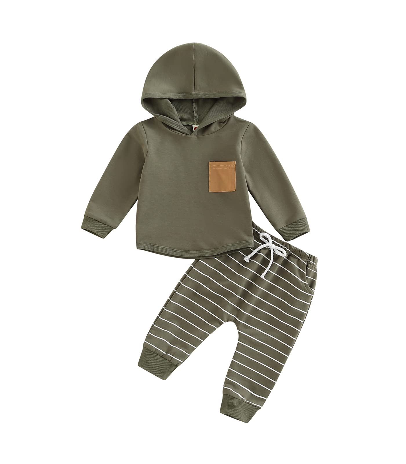 Baby Boy Clothes 3 6 9 12 18 24M 3T Pants Set Hooded Patchwork Hoodie Striped Sweatpants Fall Winter Outfit (C-Army Green, 0-6 M