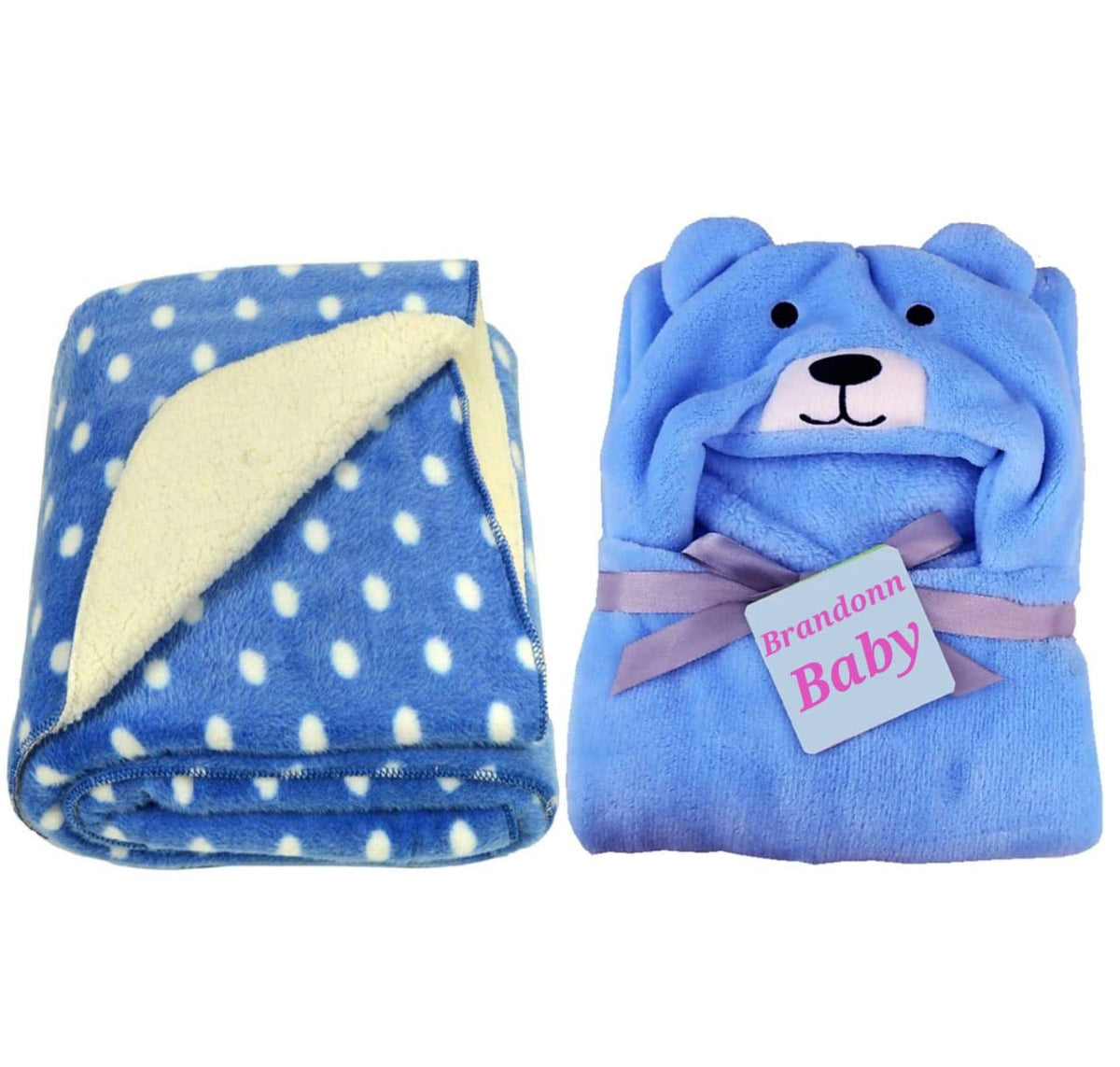 BRANDONN All Season Supersoft Hooded Blue Dog and Royal Dotted Printed Baby Blanket and Bath Towel  Pack of 2