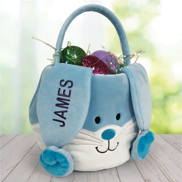Giftsforyounow Embroidered Plush Blue Bunny Personalized Easter Basket, Easter Basket For Little Boys, Easter Egg Hunt Tote, Per