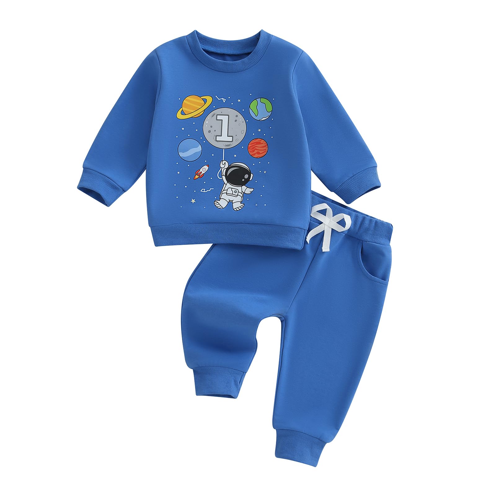 Mieeyali Baby Boys 1st Birthday Outfit Planet Astronaut Sweatshirt Jogger Pants One Year Old Boy Birthday Sweatsuit (Blue, 12-18