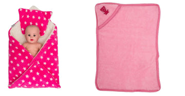 CTMKIDS Baby Wrap with Cushion Cap for Kids 74x84 cm  Pink & Hooded Baby Blanket for Kids 66x92 cm  Pink