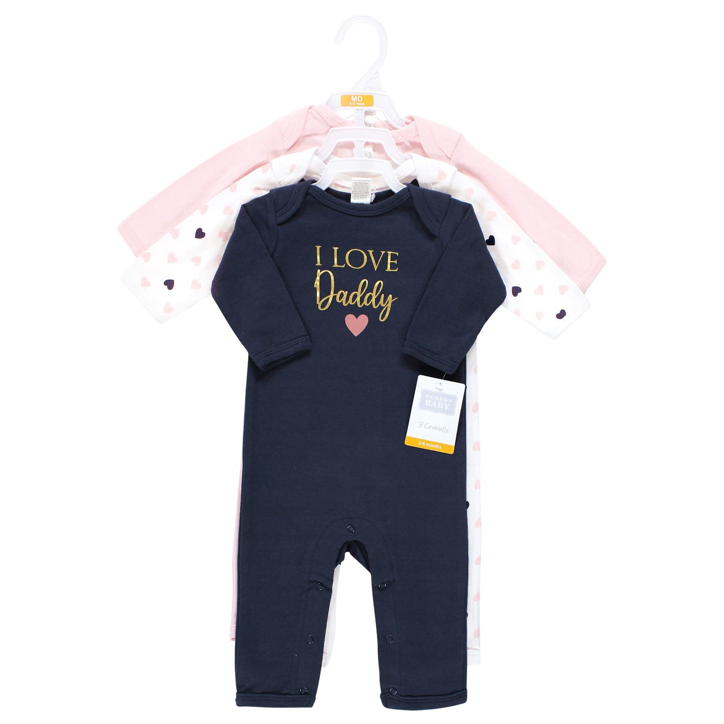 Hudson Baby Unisex Baby Cotton Coveralls, Girl-Daddy Pink Navy, 0-3 Months