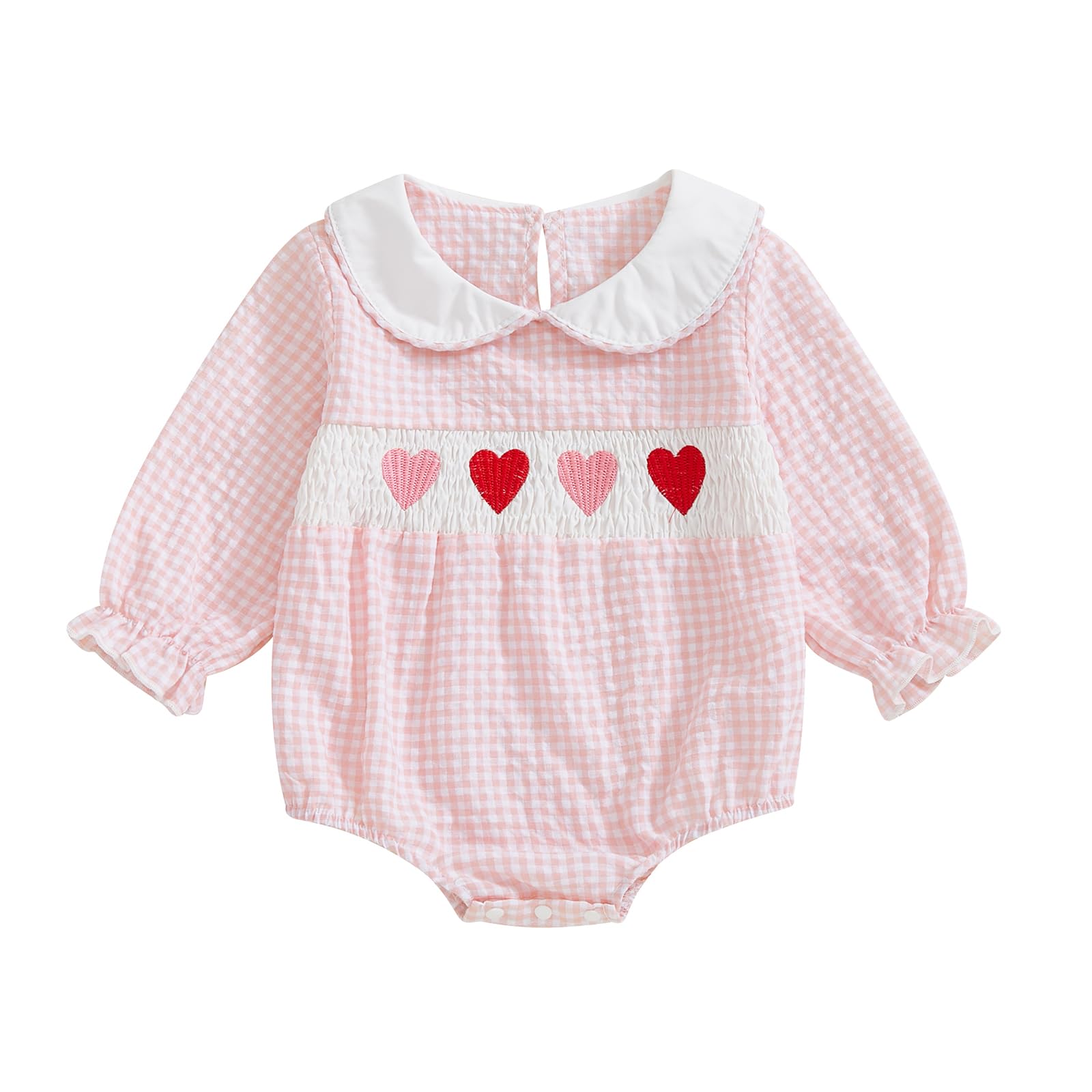 Newborn Baby Girls Valentines Day Clothes Long Sleeve Doll Collar Smocked Heart Embroidery Plaid Bubble Romper Outfit (Pink, 6-1