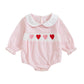 Newborn Baby Girls Valentines Day Clothes Long Sleeve Doll Collar Smocked Heart Embroidery Plaid Bubble Romper Outfit (Pink, 18-