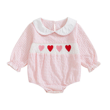 Newborn Baby Girls Valentines Day Clothes Long Sleeve Doll Collar Smocked Heart Embroidery Plaid Bubble Romper Outfit (Pink, 18-