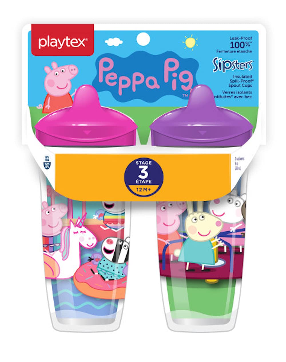 Playtex Sipsters Stage 3 Peppa Pig Spill-Proof, Leak-Proof, Break-Proof Insulated Toddler Spout Cups For Girls - 9 Ounce - 2 Cou