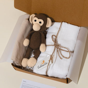 Gubbachhi Newborn Gift Set | Crochet Soft Toy & Muslin Swaddle Combo | Newborn Gift idea | Gifting for Infants/Babies |100% Musl