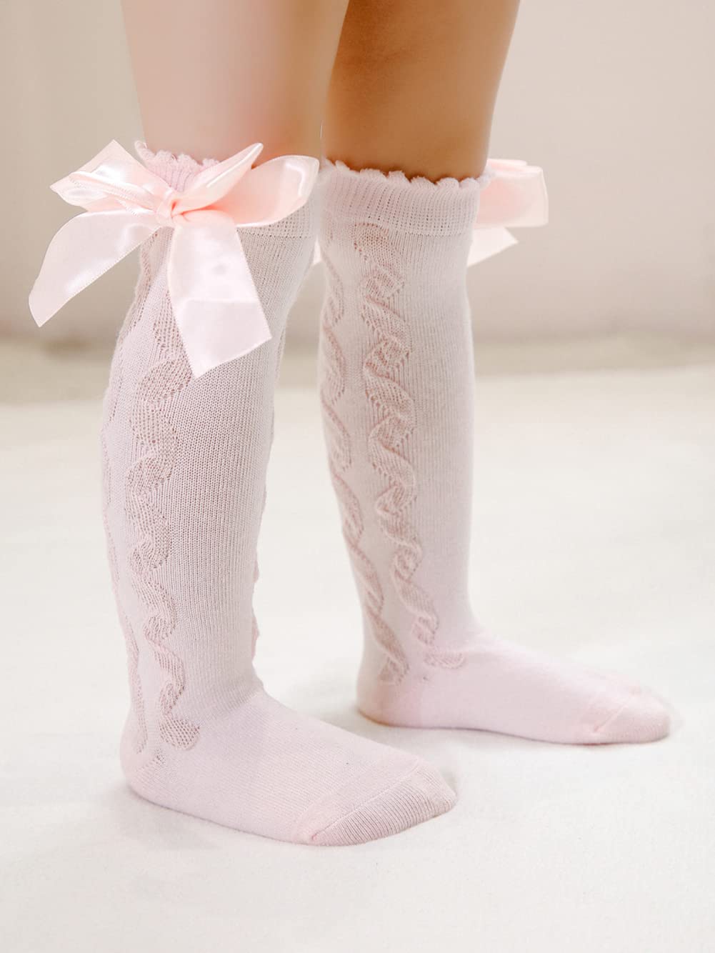 Qandsweet Baby Girl Knee-High Socks Toddlers Bow Stockings Newborn Infant Sock (0-12 Months, Cabled Styles)