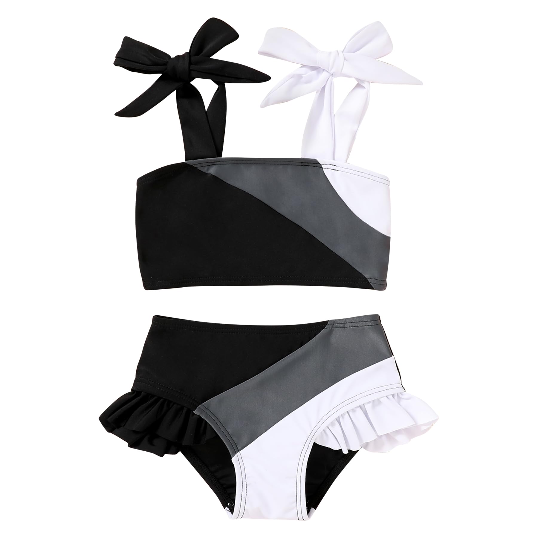 Younger Tree Toddler Girls Two Pieces Swimsuit Color Block Stripe Swimwear Summer Beach Bathing Suit 18M-5T(Black#White 18-24 Mo