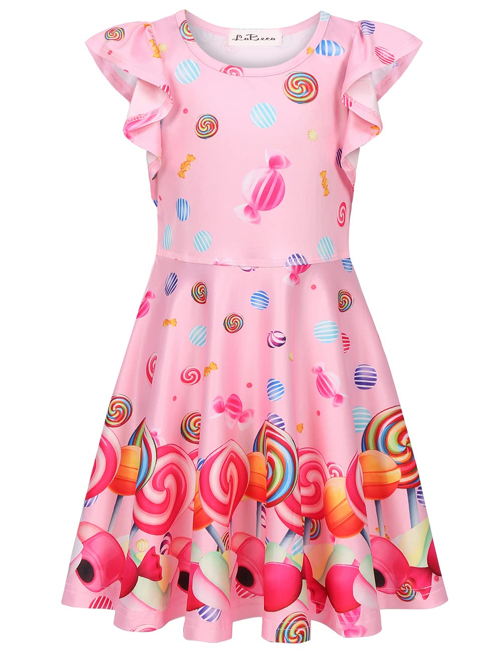Labeca Baby Girls Printed Casual Party Dresses Twirly Ruffle Sleeve Dress Lollipop Cap Xs