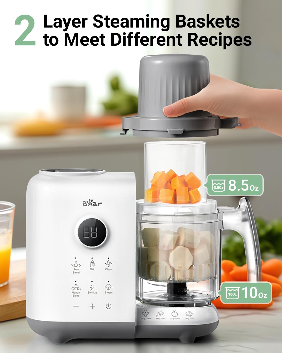 Bear Baby Food Maker with Two Layer Steam Baskets, One Step Baby Food Processor Steamer Puree Blender, Baby Food Mill with Bottl