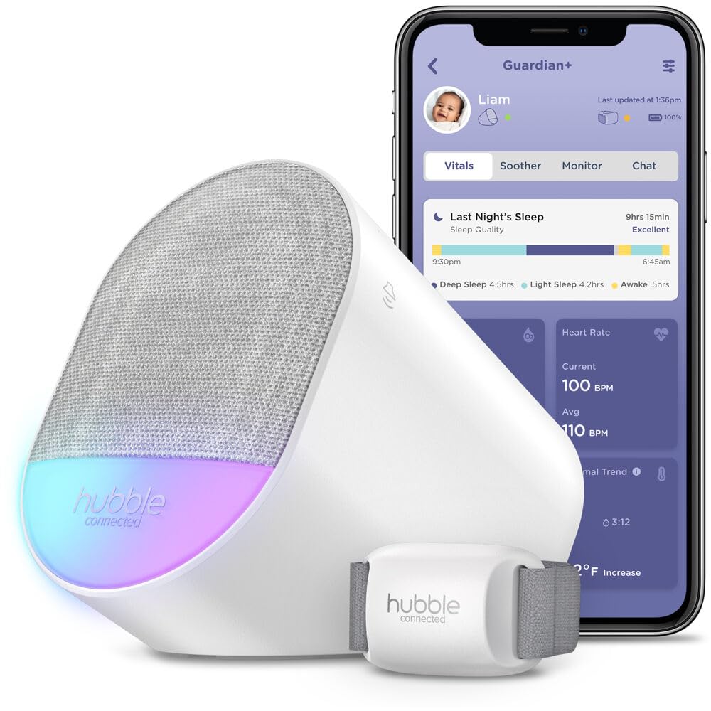 Hubble Connected Guardian+ Smart, Connected, Wireless, Wi-Fi Enabled Baby Movement Monitor, Soothing Sounds, White Noise, Heart-