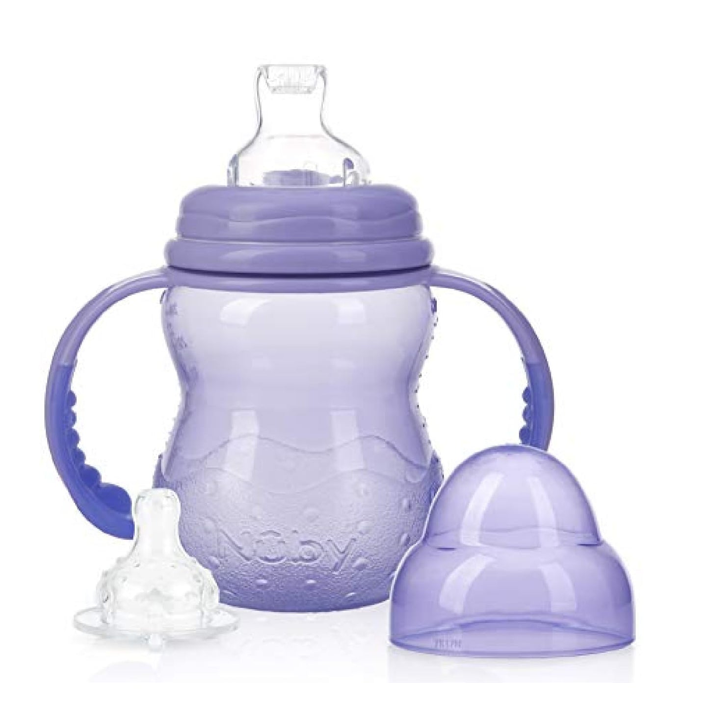 Nuby 3-Stage Wide Neck No Spill Bottle With Handles And Non-Drip Juice Spout, 3 Months, 8 Ounce, 3 Count, Pink/Purple/Teal (Pink