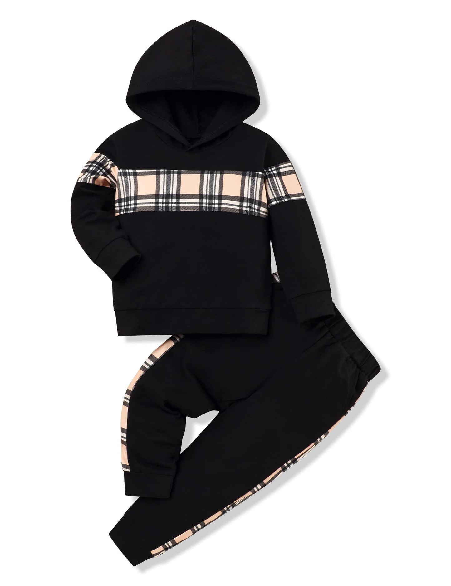 Itkidboy Toddler Boy Clothes Long Sleeve Plaid Stitching Hoodie Tops Sweatpants Kid Boys Fall Winter Outfits Sets