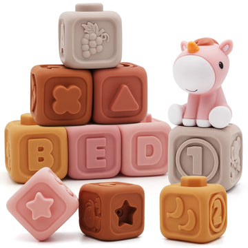 Nueplay 7 Pcs Soft Building Blocks, Sensory Stacking Squeeze Toys with Horse Figure, Newborn Essentials for 6 12 18 Months Baby 