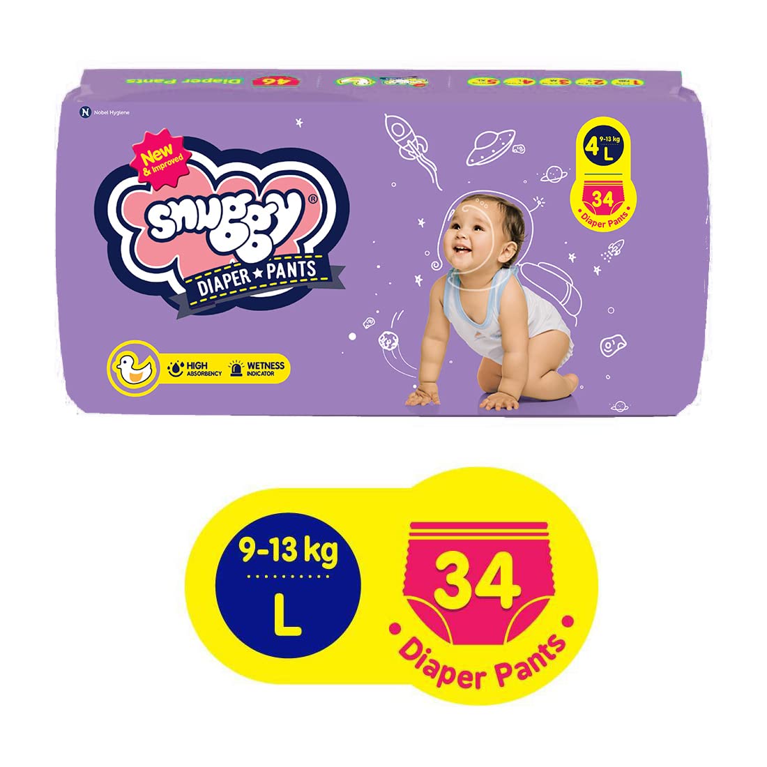 Snuggy Baby Diaper Pants Large 34 Count (Pack Of 1), 913 Kgs, Rapid Absorption, Anti  Bacterial