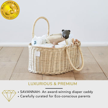 Bebe Bask Baby Diaper Caddy Organizer - Handmade Rattan - Luxury Diaper Caddy Basket - Cute Diaper Caddy For Baby Girl & Diaper