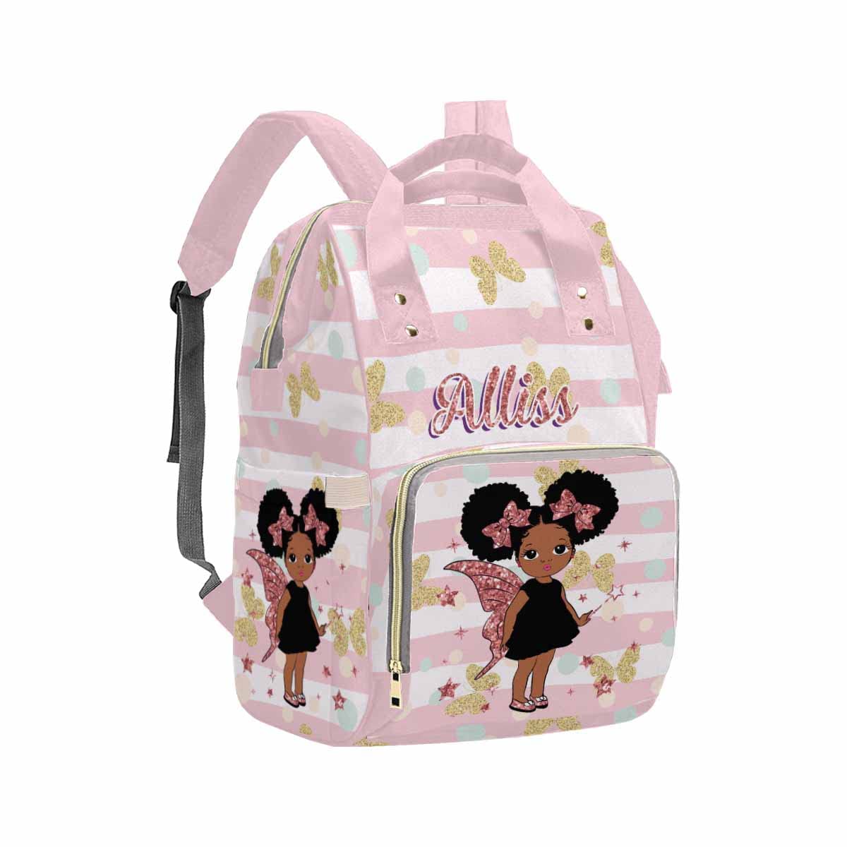 Artsadd Customized Baby Girl Diaper Backpack, Pink Stripe Dots Nappy Backpack Personalized Name Baby Bags With Insulated Pockets