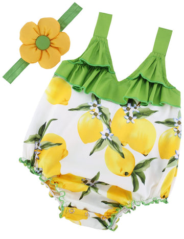 Princesasa V-Neck Floral Playsuit Lemon Outfit Headband Baby Girl'S Romper Clothes,9Ed90,6-12 Months(Size M)