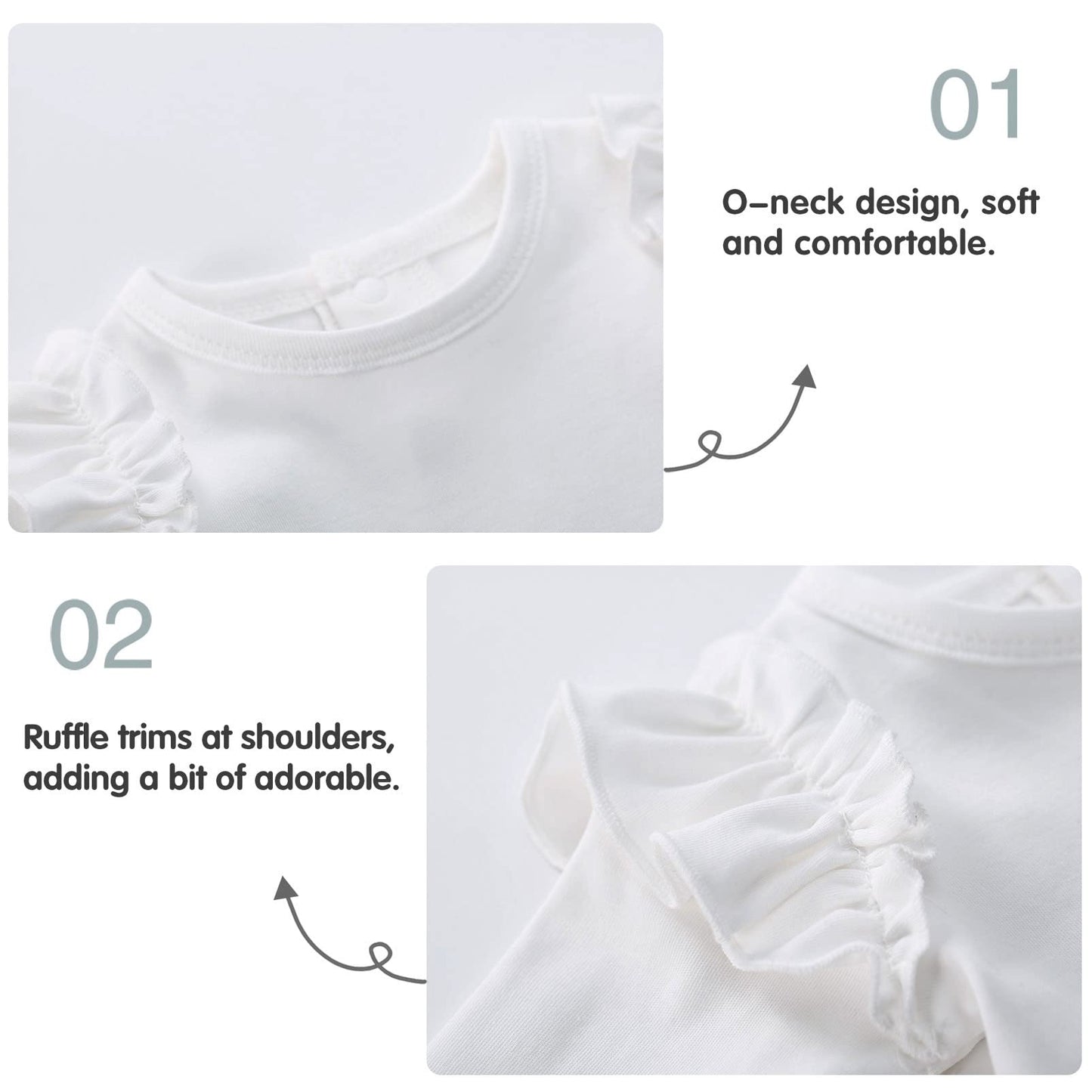 Pureborn Baby Girls Organic Cotton Bodysuit Infant Girl Long Sleeve Ruffle Shoulder White Spring Fall Bodysuit 18-24 Months