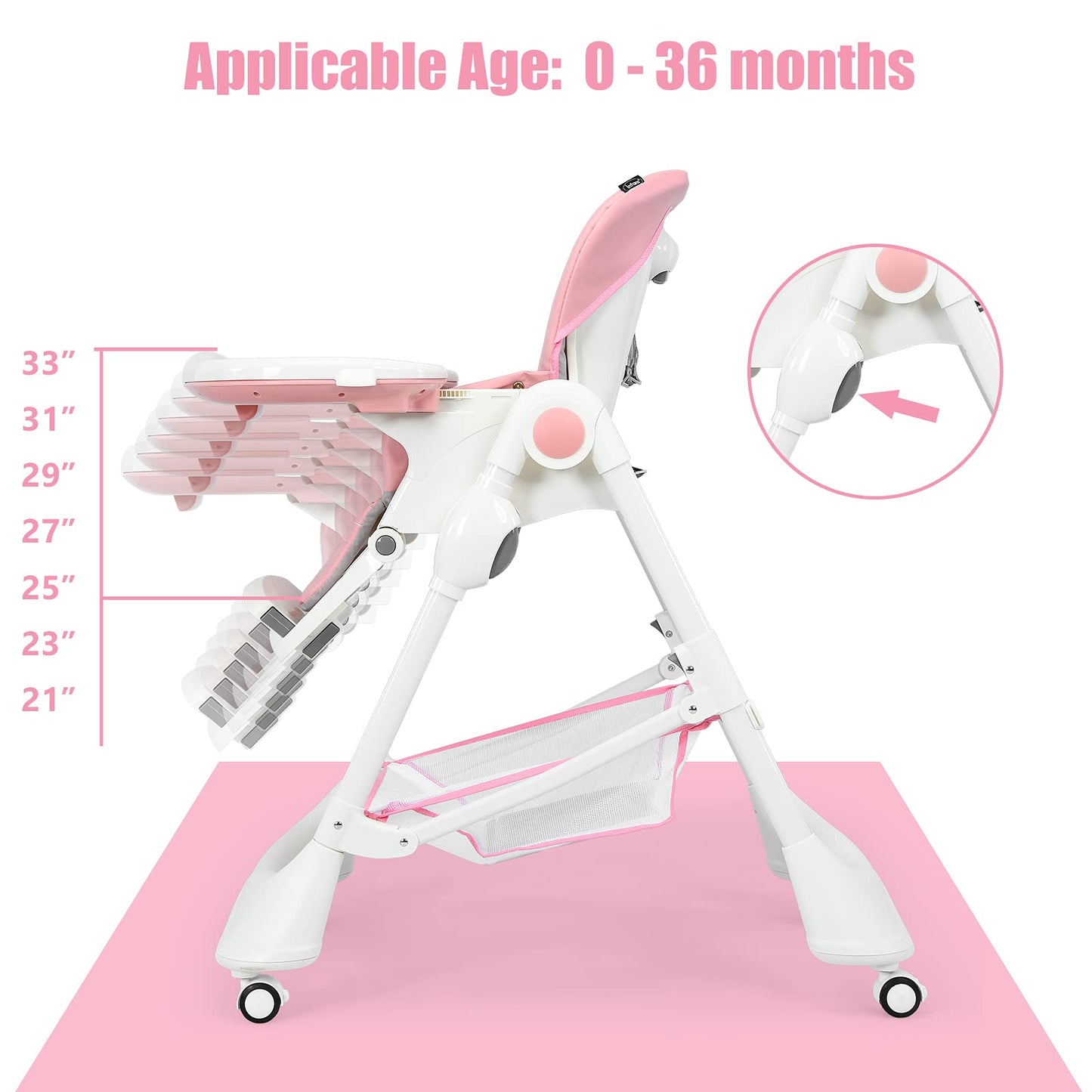 Infans High Chair With One-Hand Removable Tray, 4 Lockable Wheels & Large Storage Basket - Multi-Adjustable Height, Recline & Fo