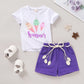 Younger Tree Toddler Baby Girl Summer Clothes Ice Cream Printed T-Shirt Purple Shorts With Belt Little Girls Casual Outfit Cloth