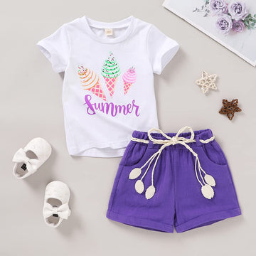 Younger Tree Toddler Baby Girl Summer Clothes Ice Cream Printed T-Shirt Purple Shorts With Belt Little Girls Casual Outfit Cloth