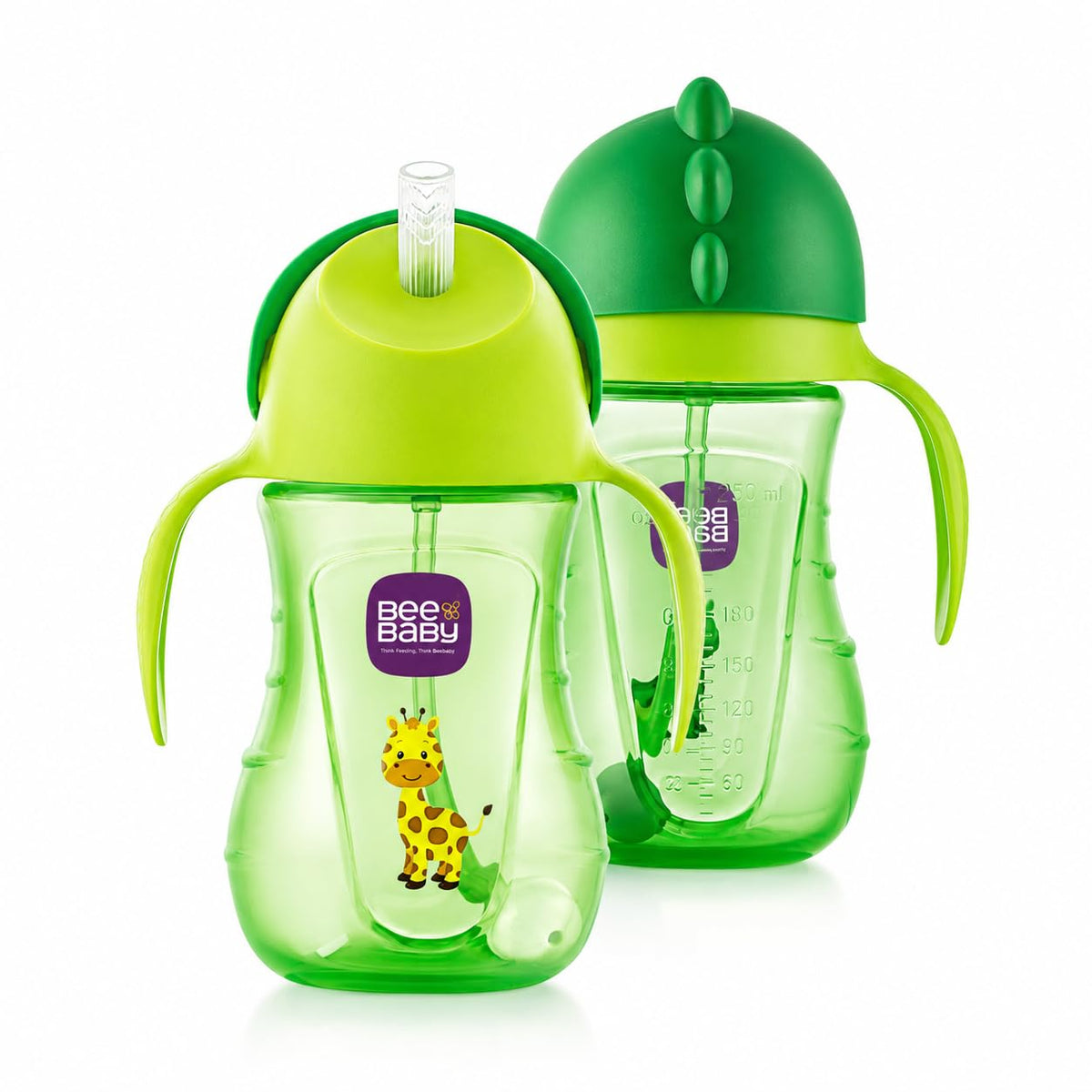 BeeBaby Dino Flippee Silicone Straw Sipper Bottle, Spill Proof Water Bottle for Kids with Weighted Straw & Easy to Hold Handle, 