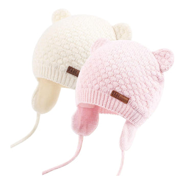 Duoyeree Kids Baby Hat Soft Warm Cable Knit Beanie Toddler Girl Fall Winter Hats (White And Pink, 6-12 Months)