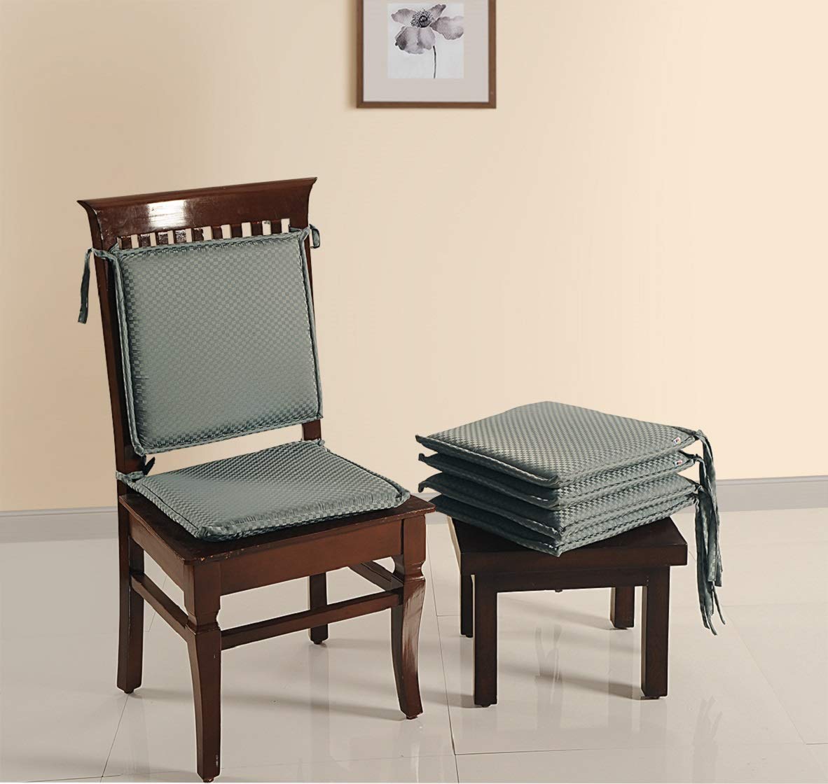 Swayam Pure Cotton Reversible Chair Set Pads with Loops 16X16 | Machine Washable Chair Pad Set of 3 | Indoor Square Cushion Seat