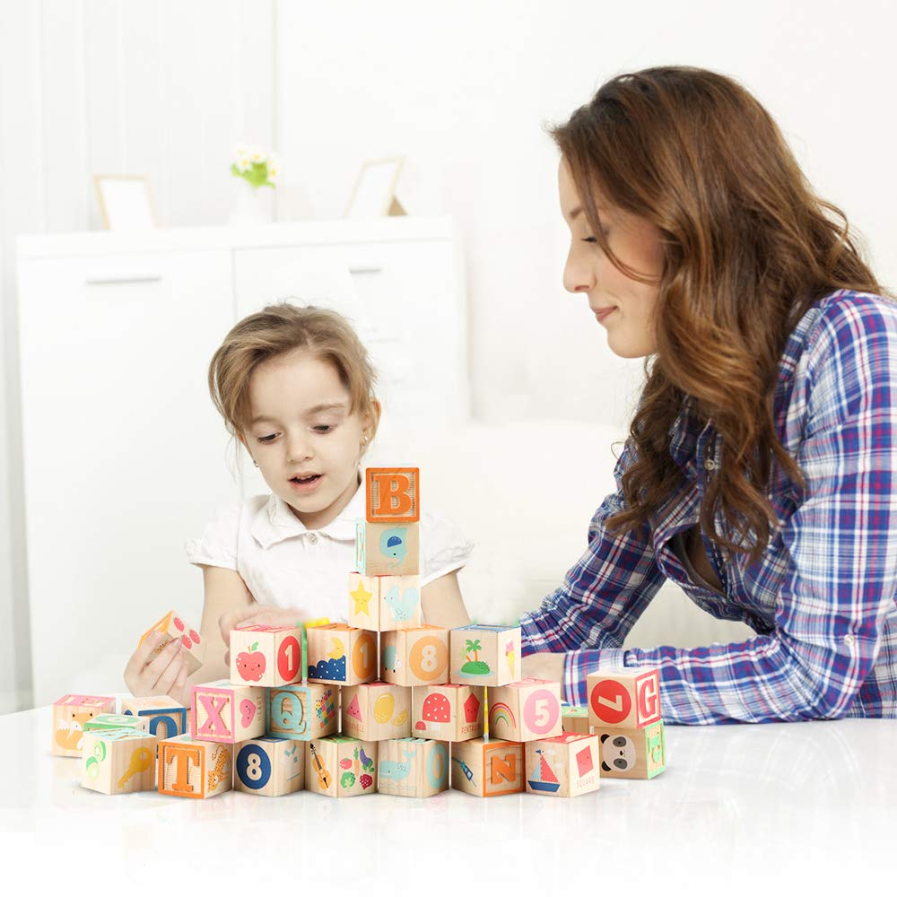 Gemileo Wooden ABC Toy Building Blocks for Toddlers 1-3 36 PCS Wood Alphabet Number Blocks for Stacking Learning Preschool Educa