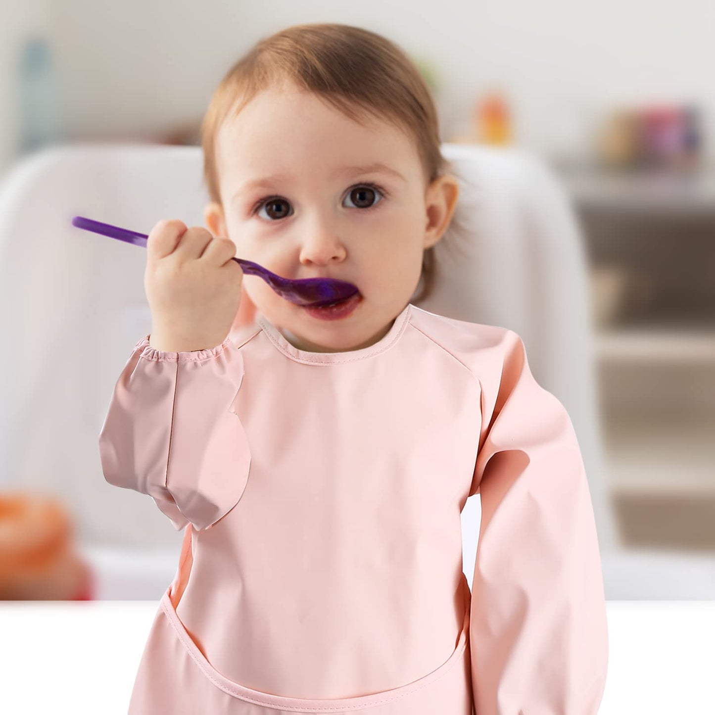 Spinfox 2 Pack Easy Clean Long Sleeve Bib, Soft Mess Proof Baby Smock Bib For Eating, Waterproof Toddler Baby Feeding Bibs Shirt