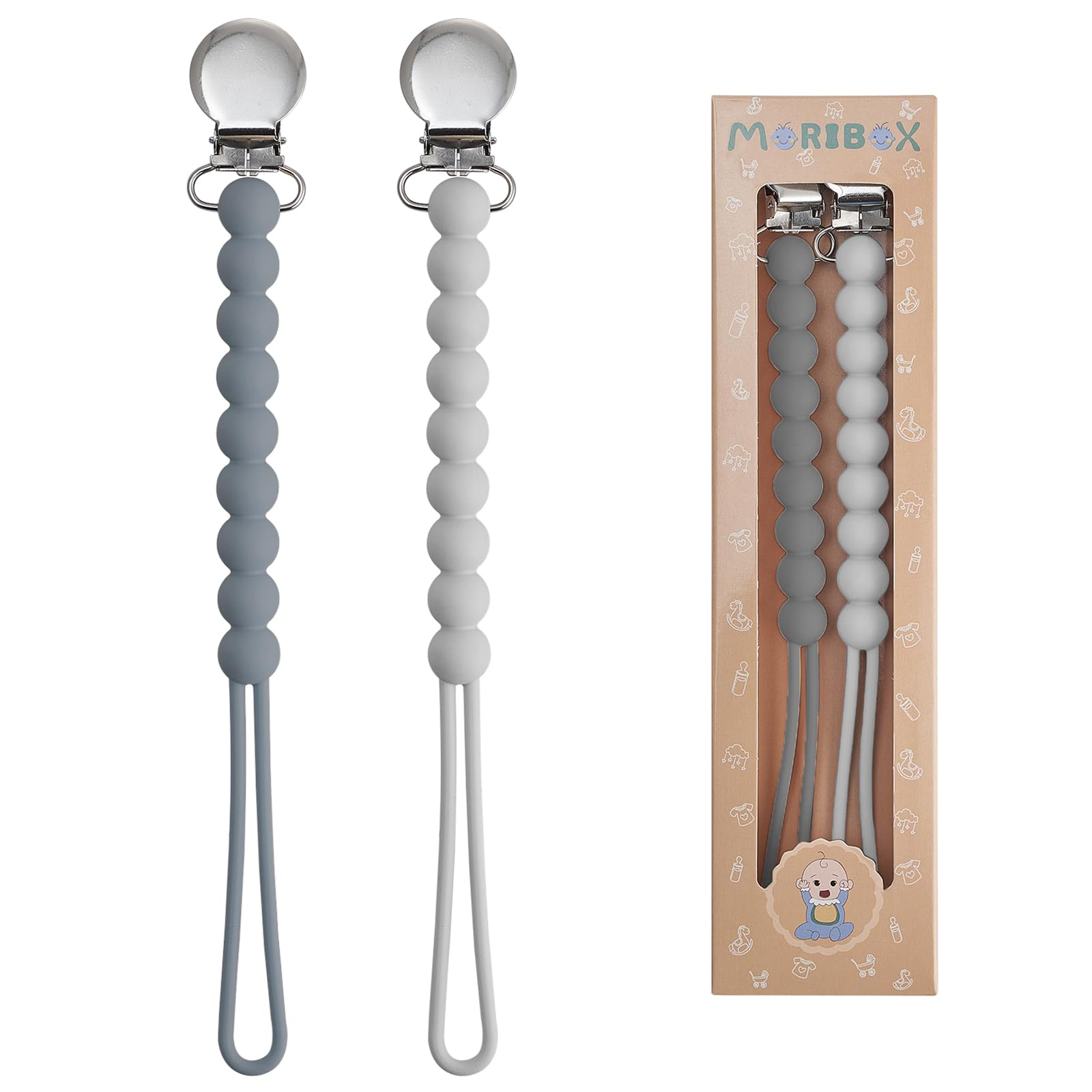 Pacifier Clip For Boys Girls - Moribox Paci Clip Soothie Baby Binky Holder For Shower Gift Birthday 2 Pack (Grey)