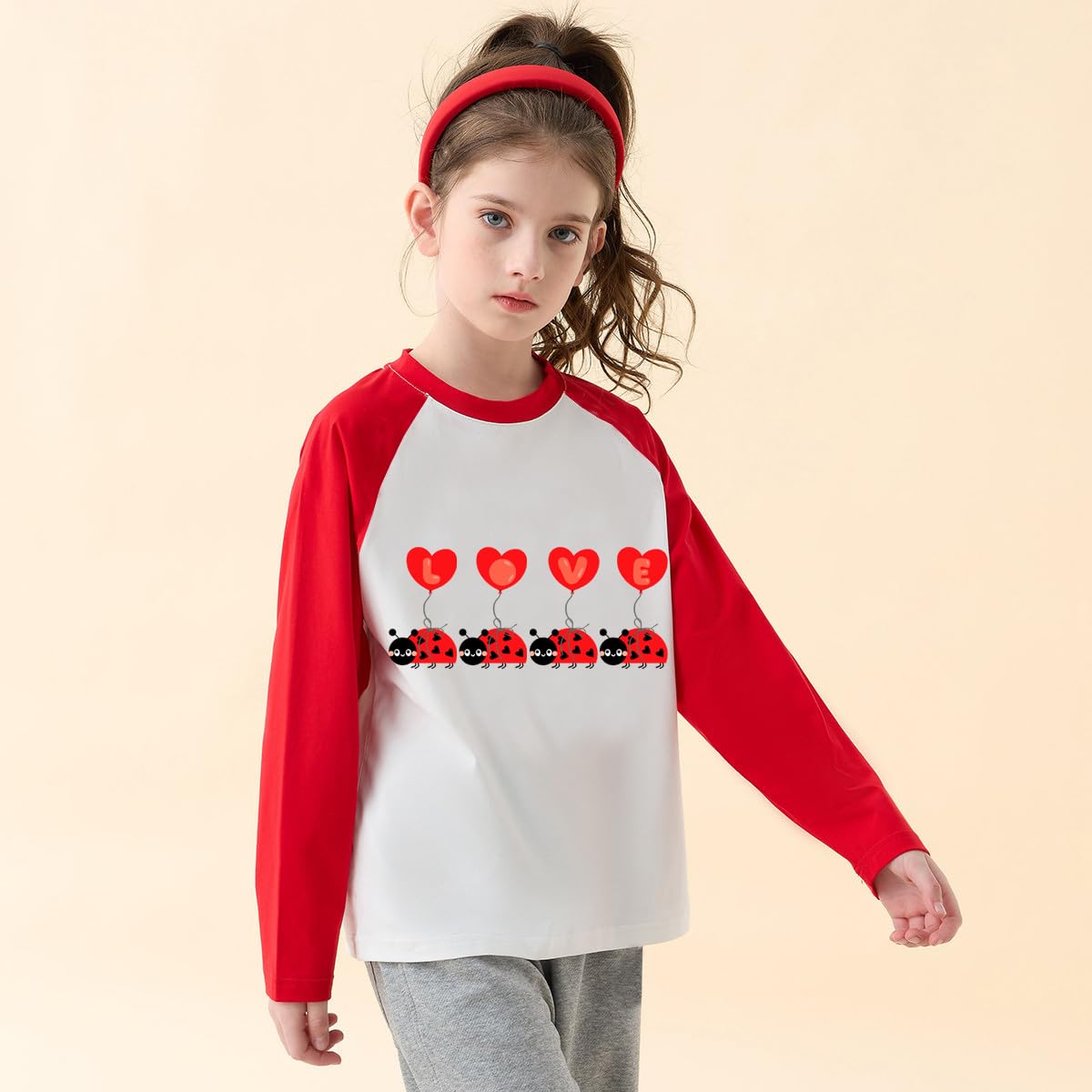 Ddsol Toddler Little Girl Valentine Day Shirt Baby Kid Love Heart Ladybug Print Tshirt Red White Raglan Long Sleeve Cotton Tee T