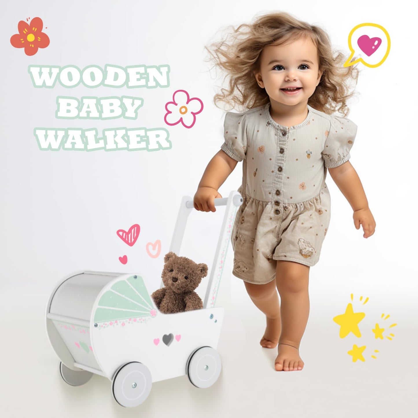 Woodenfun Wooden Baby Push Walker For 1 Year Old And Up, Toddler Shopping Cart Push Toys For Boys Girls