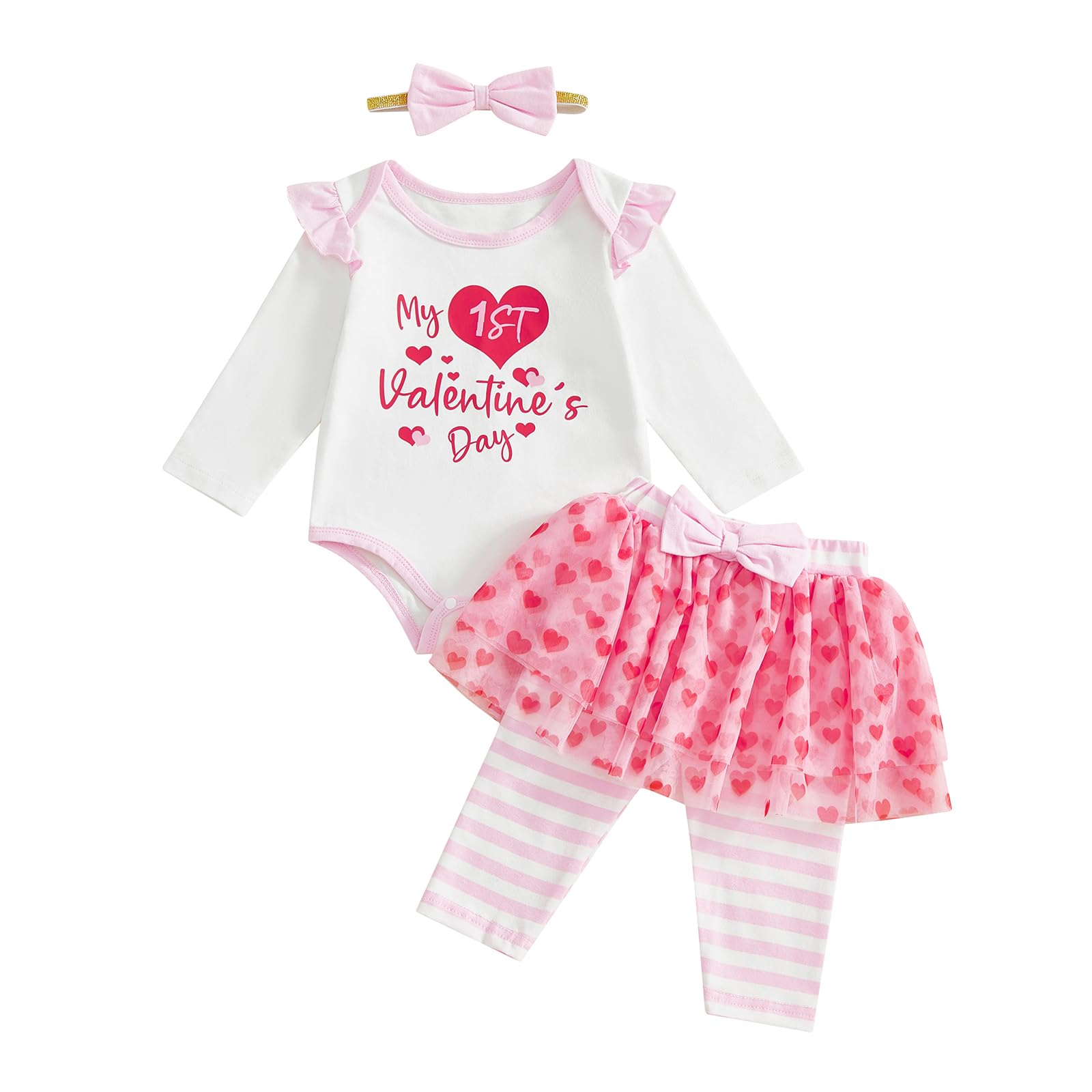 BeQeuewll Baby Girl First Valentines Outfit Newborn Heart Romper +Tutu Skirt Leggings+Headband 3Pcs Infant Spring Outfits (1st v